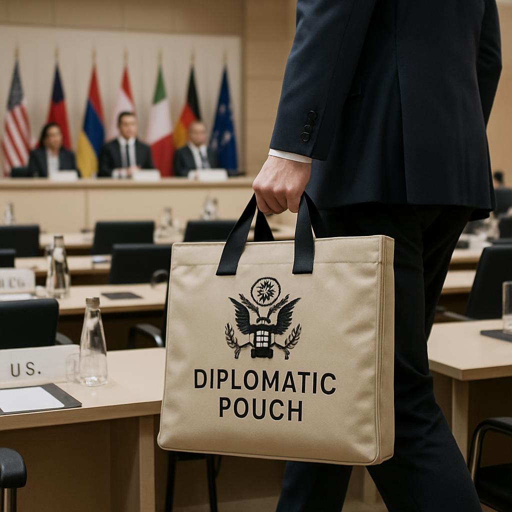 The image depicts a man in a suit holding a diplomatic pouch, with a conference room in the background containing multiple...