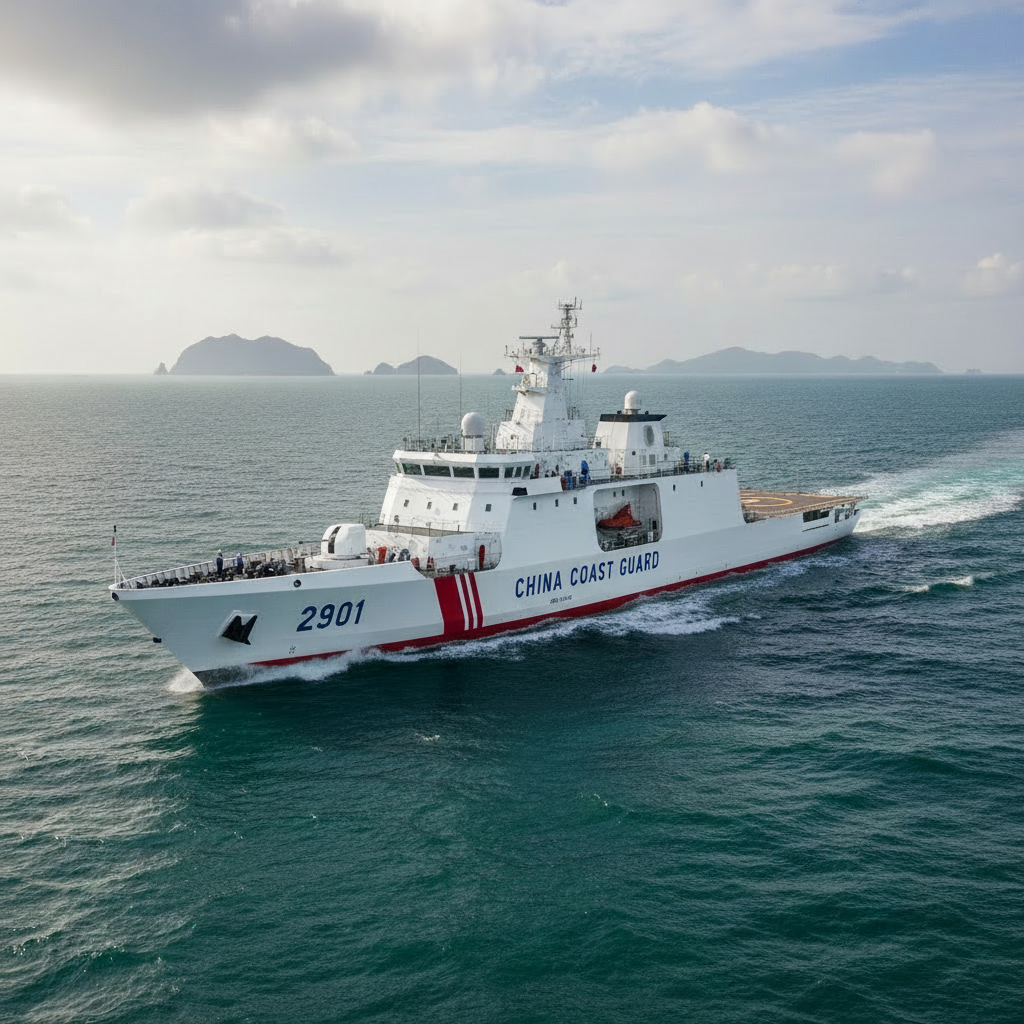 A large grey China Coast Guard ship numbered 2901 cruising through open ocean.